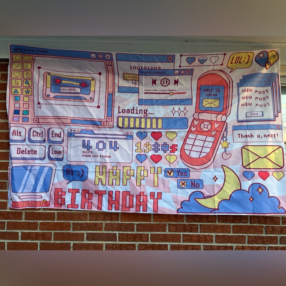 Y2K  Happy Birthday backdrop,6 x 4, pink and blue colors. 1990s and 2000s design